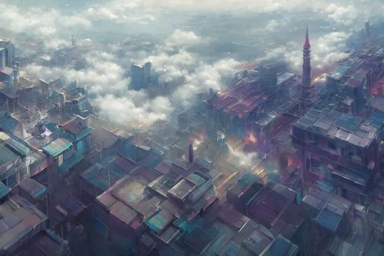 Prompt: a zoom shot ultra realistic city floating on clouds, colors, 8 k, hd, details, fantasy, epic, ancient city, landscape illustration concept art anime key visual trending pixiv fanbox by wlop and greg rutkowski and makoto shinkai and studio ghibli and kyoto animation symmetrical facial features