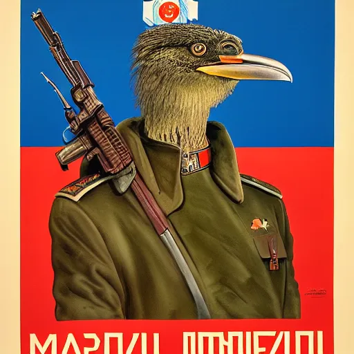 Image similar to a detailed and complex, highly detailed, concept art, soviet propaganda poster depicting a dromaius in military uniform. marxism - leninism. painting by irakli toidze,