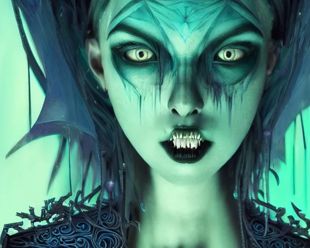 Image similar to funny blue and green eyes goth dark queen of the vampire council, intricate abstract. intricate artwork, by tooth wu, wlop, beeple, dan mumford. concept art, octane render, trending on artstation, greg rutkowski very coherent symmetrical artwork. cinematic, key art, hyper realism, high detail, octane render, 8 k, iridescent accents