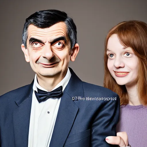 Image similar to A portrait mr bean elizabeth teams up with a teenage mr bean, perfect faces, 50 mm, award winning photography