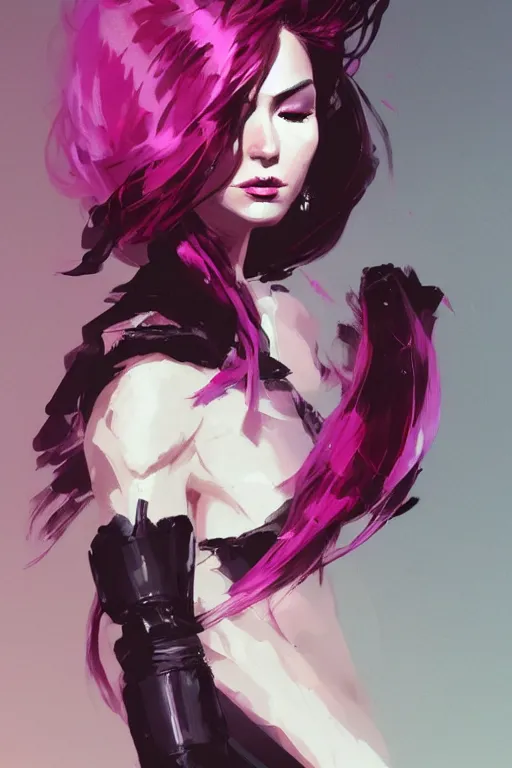 Image similar to A beautiful woman with professional makeup, with shoulder length mid-length magenta hair, dramatic lighting, dramatic atmosphere, subtle and detailed, by Dustin Nguyen, Akihiko Yoshida, Greg Tocchini, Greg Rutkowski, Cliff Chiang, 4k resolution, heavy contrast, trending on artstation