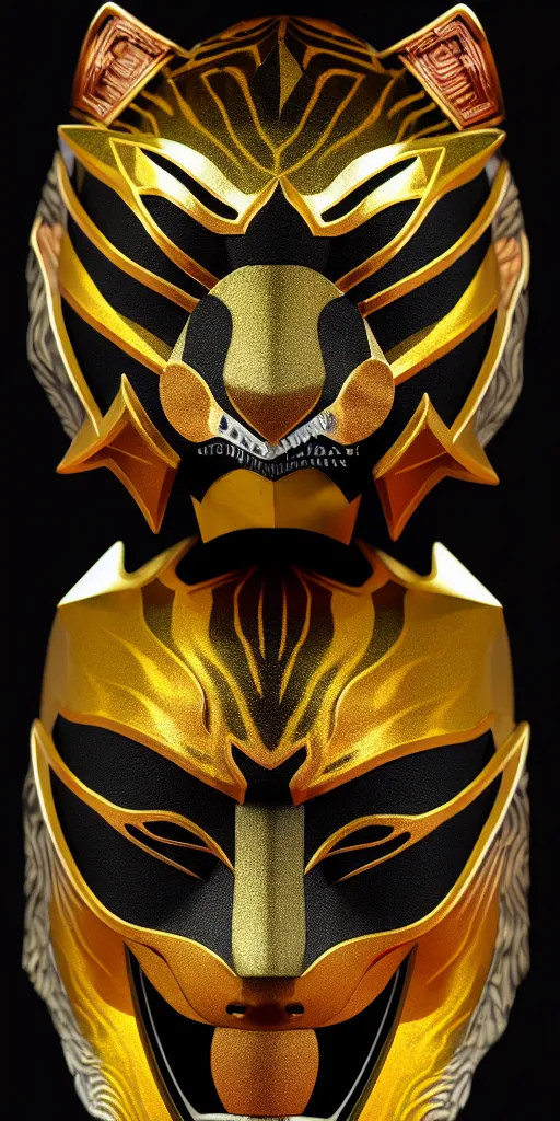 Image similar to prism samurai tiger mask, product photography, deep black background, fantasy, highly detailed, texture, shimmering, wlop, concept art, digital art, symmetrical features, 8k, golden-ratio, canvas, Wangechi Mutu, artstation, rule of thirds