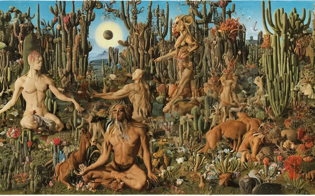 Image similar to photograph of a meditating centaur shaman and a striped werewolf feeding animals. surrounded by bulbous flowers, animals and a few trees and cacti. river delta with cliffs under a blue sky of burning stars. painted by jan van eyck, max ernst, ernst haeckel, ernst fuchs and artgerm, trending on cgsociety, gouache