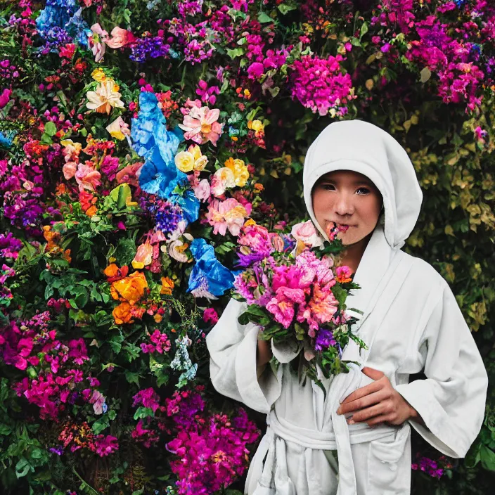 Prompt: an alien wearing a robe made of flowers, by Omar Z. Robles, CANON Eos C300, ƒ1.8, 35mm, 8K, medium-format print