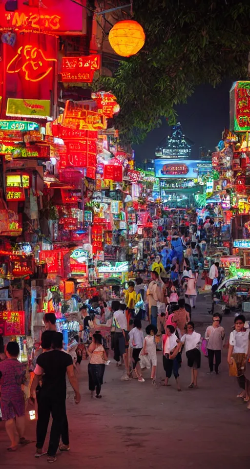 Image similar to New Saigon on Red Mars entertainment district street scene with lovers vendors and neon signed buildings. People are taking their fun seriously by Tsuchiya Koitsu