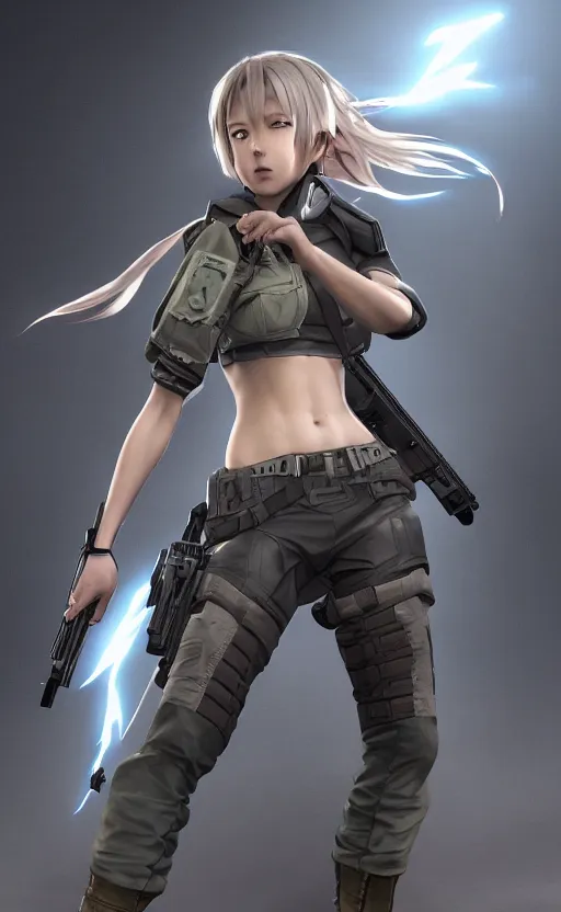 Prompt: highly detailed, high resolution, character design art, stunning, volumetric lightning, realistic guns, girls frontline style, matte, sharp focus, 130mm, 3d render, artstation, by yusuke kozaki, professional result, realistic human anatomy, simple design, realistic military gear, metal gear style, cell shading tecnique