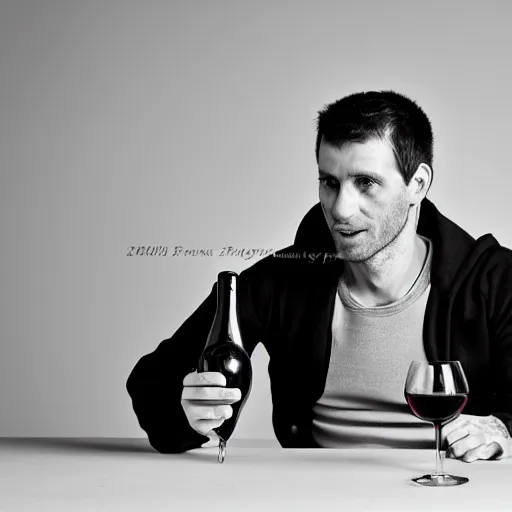 Prompt: portrait of a 3 0 years old frenchman in 2 0 2 0 seated at a table with a bottle of wine. award winning photography, 5 0 mm, studio lighting, black and white, contrasted.