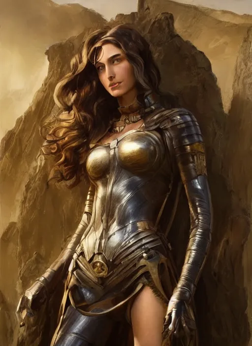 Image similar to highly detailed steampunk gal gadot standing, blond hair, steel age : leonardo da vinci, greg rutkowski, magali villeneuve