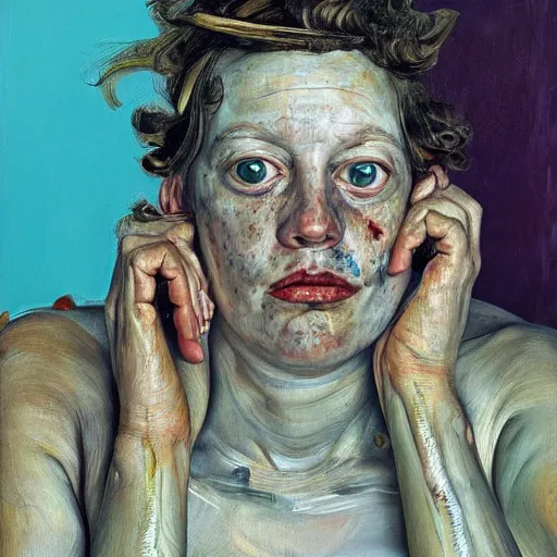 Prompt: high quality high detail painting by lucian freud and jenny saville, hd, freacking out, turquoise