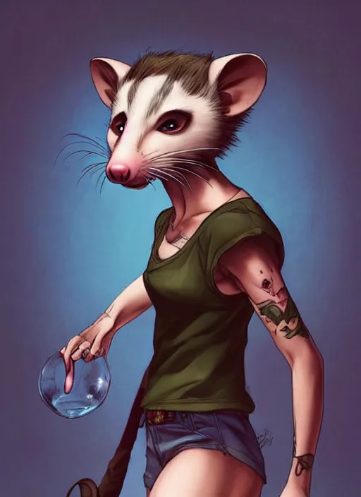 Image similar to character portrait of a female anthro opossum fursona with a furry body wearing a tanktop and shorts with arm tattoos. Character design by charlie bowater, ross tran, artgerm, and makoto shinkai, detailed, inked, western comic book art