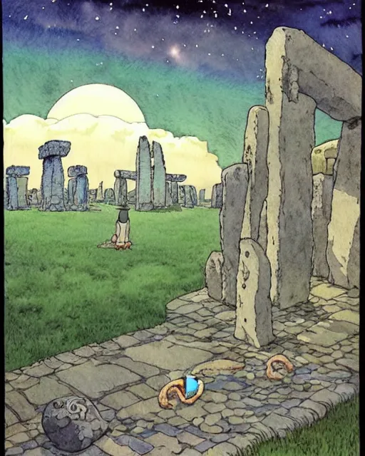 Image similar to a hyperrealist studio ghibli watercolor fantasy concept art. in the foreground is a giant grey octopus building and putting stones in to place on top of stonehenge with a starry sky. by rebecca guay, michael kaluta, charles vess