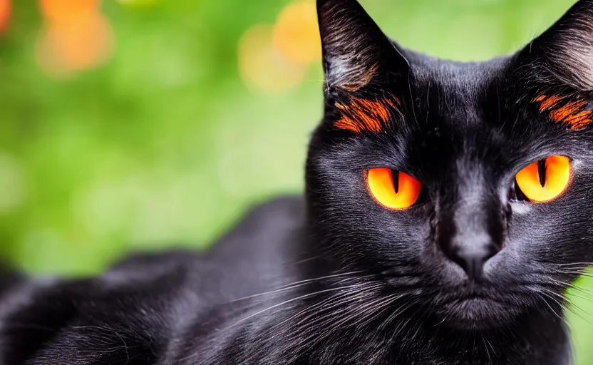 Image similar to A portrait of a black cat with orange and red eyes