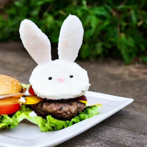 Prompt: burger but the buns are a white bunny with black spots on their face and nose, 50mm, professional photography,