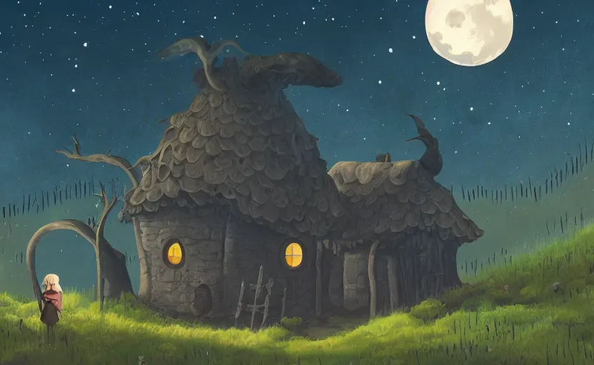 Prompt: a witch's shop on a lonely hill against a giant moon, storybook, gouache, flat, concept art, lush