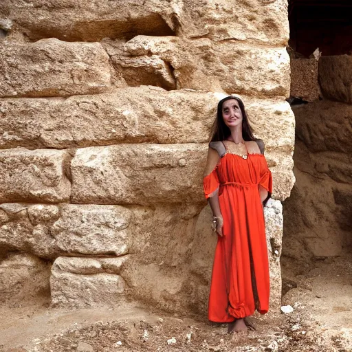 Image similar to 25 year old Mediterranean skinned woman in ancient Canaanite clothing next to an ancient well, 8k resolution, hyper detailed