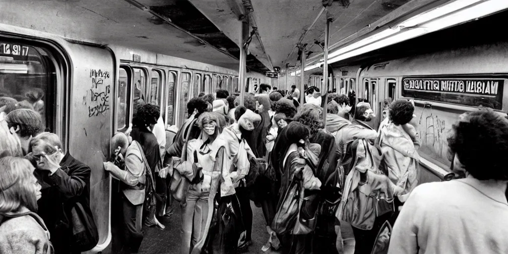 Image similar to 1 9 7 0's new york subway, crowd doing graffiti on a train in the depot, coloured film photography, christopher morris photography, bruce davidson photography