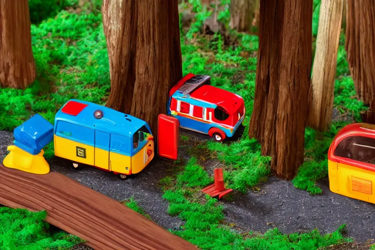 Prompt: fisher price redwood forest, california scene from tv show hyper detailed 5 5 mm 8 5 mm, toy photography, made out of plastic