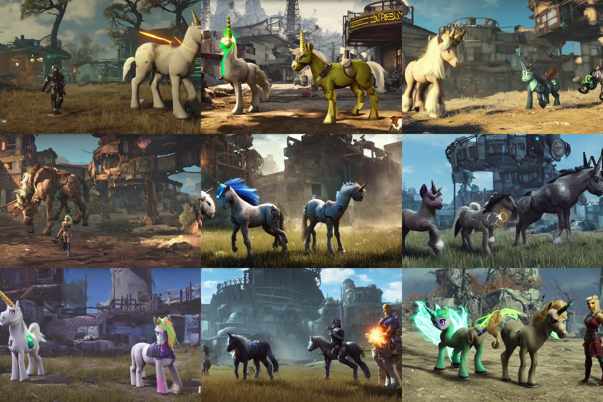 Prompt: ps 4 fps gameplay screenshot | fallout : equestria | quadrupedal, unreal engine 5, 8 k, my little pony : friendship is magic, fallout, crossover | white unicorn pony with brown shaggy mane with glowing green magic around her horn exploring dark, decrepit vault