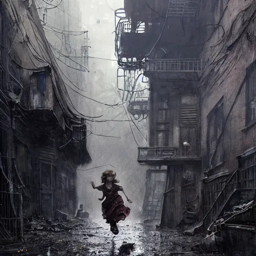 Prompt: sadie sink quickly runs by us | a mechanical monstrosity runs towards us | background : alleyway near decaying tenements. concept art for scifi dystopian film. by nikolay makovsky, bob byerley, wadim kashin, andrea kowch. cinematic moody atmosphere, detailed and intricate, perfect anatomy