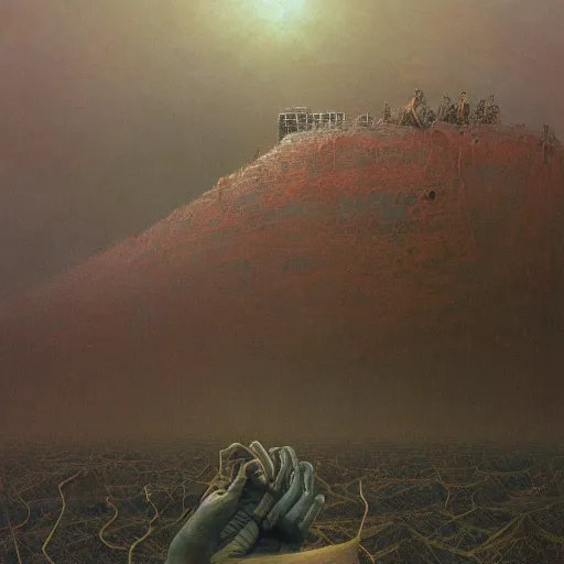 Image similar to A beautiful painting of A plain by Zdzisław Beksiński and Ilya Repin,In style of Post-Apocalyptic.digital art, illustration,hyper detailed,smooth, sharp focus,trending on artstation,oil on the canvas,4k