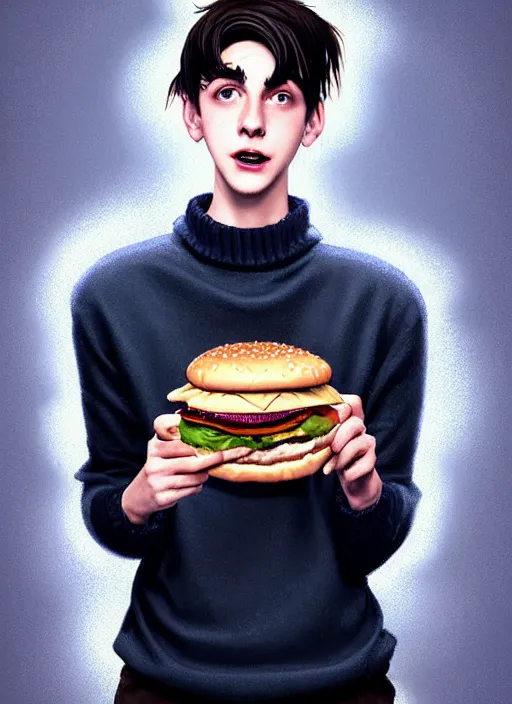 Image similar to portrait of teenage jughead jones wearing a light grey crown, crown, eating hamburger, blue turtleneck, eyes closed, crown, black hair, intricate, elegant, glowing lights, warm lighting, highly detailed, digital painting, artstation, concept art, smooth, sharp focus, illustration, art by wlop, mars ravelo and greg rutkowski