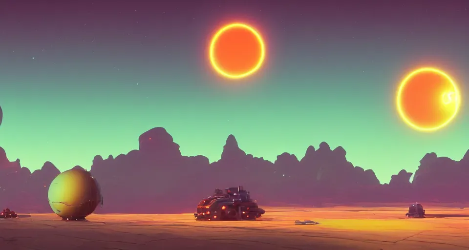 Image similar to Sci-fi landscape of a desert with two suns suns, orange and purple colors, cinematic, rendered by simon stålenhag, rendered by Beeple, Makoto Shinkai, syd meade, environment concept, digital art, unreal engine, 3 point perspective, WLOP, trending on artstation, low level, 4K UHD image, octane render,