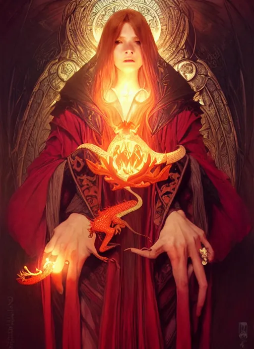 Prompt: a beautiful satanic sorcerer holding a small dragon, perfect hands, intricate, sharp focus, illustration, highly detailed, digital painting, concept art, matte, art by wlop and artgerm and greg rutkowski and alphonse mucha, masterpiece