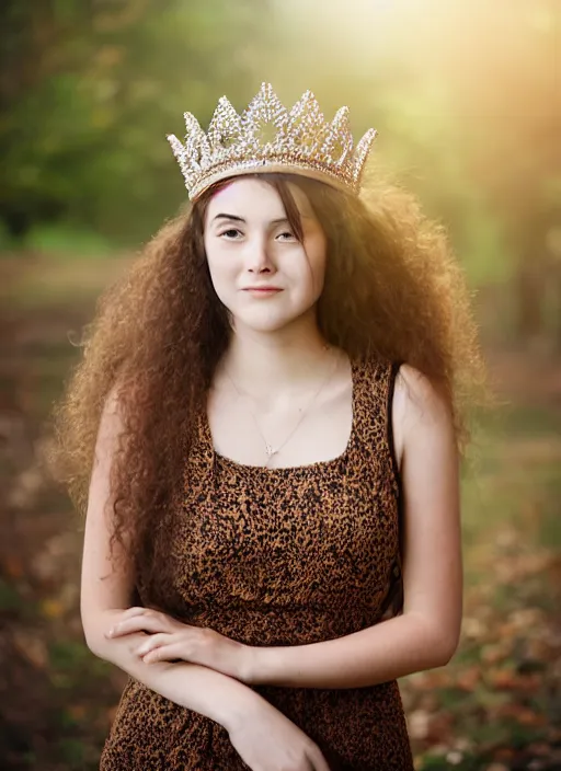 Prompt: portrait of a 1 9 year old woman with a huge royal crown, symmetrical face, brown hair, she has the beautiful calm face of her mother, slightly smiling, ambient light in nature