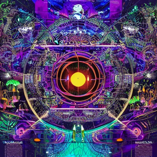 Image similar to techno earth plaza with a divine jungle of deities and peoples living together in harmony created by android jones, vector illustration