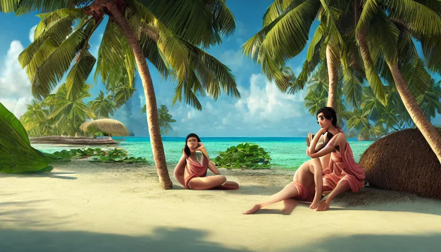 Image similar to very very small lakshadweep island, sitting on a gigantic coconut tree leaf by ilya kuvshinov, rtx rendering, octane render 1 2 8 k, maya, extreme high intricate details by tom bagshaw, medium shot, close up shot, composition by sana takeda, lighting by greg rutkowski