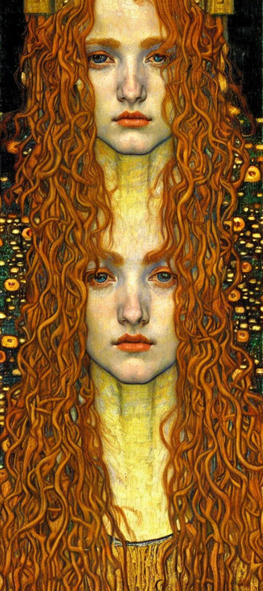 Image similar to detailed realistic beautiful young medieval queen face portrait by jean delville, gustav klimt and vincent van gogh, art nouveau, symbolist, visionary, gothic, pre - raphaelite, muted earthy colors, desaturated