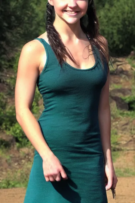 Image similar to fantasy character photo. facial expression of manic obsessive love. danielle campbell. black hair in ponytail. bright blue eyes. tall, lanky, athletic, wiry, slightly muscular. sleeveless light green dress. gleefully telling a bs story full of lies