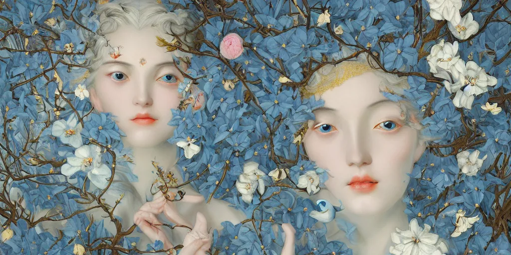 Image similar to breathtaking detailed concept art painting art deco pattern of blonde faces goddesses amalmation light - blue flowers with anxious piercing eyes and blend of flowers and birds, by hsiao - ron cheng and john james audubon, bizarre compositions, exquisite detail, extremely moody lighting, 8 k