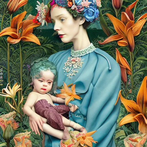 Image similar to pretty mother with child in arm with lilies : : by martine johanna and simon stalenhag and chie yoshii and casey weldon and wlop : : ornate, dynamic, particulate, rich colors, intricate, elegant, highly detailed, vogue, harper's bazaar art, fashion magazine, smooth, sharp focus, 8 k, octane render