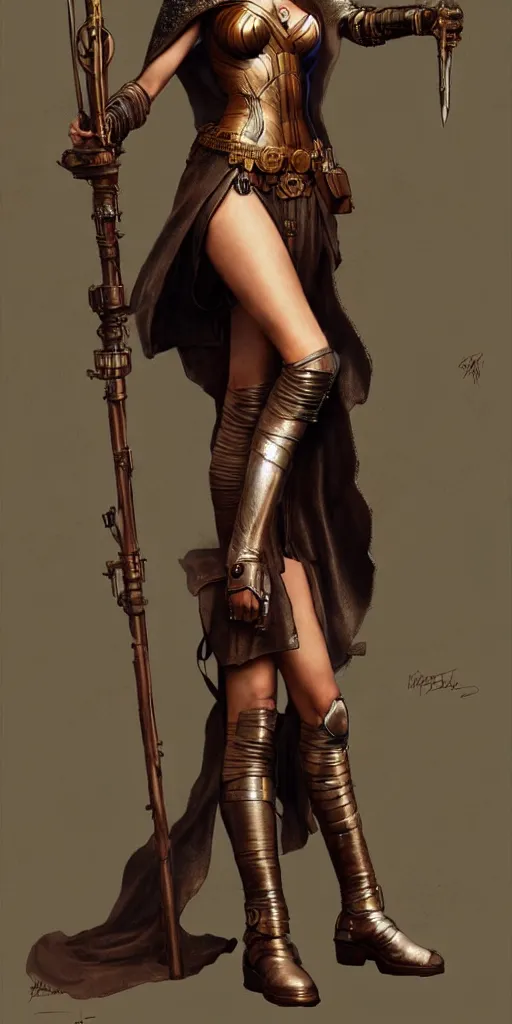 Image similar to highly detailed steampunk gal gadot standing, cape, bo staff : leonardo da vinci, greg rutkowski, magali villeneuve