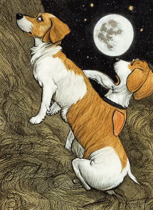 Prompt: candid portrait of jack russel dog looking up barking at the moon, night sky, highly detailed, side view, illustrated by peggy fortnum and beatrix potter and sir john tenniel