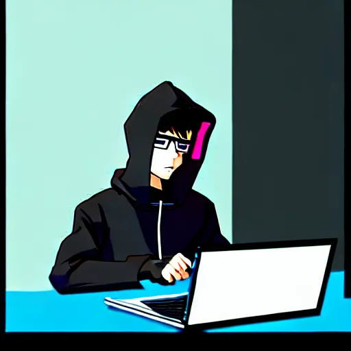 Prompt: a cyberpunk teenager boy with a black hoodie sitting behind his laptop and programming, digital art, anime style, trending on Artstation