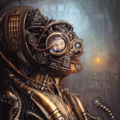 Image similar to low angle shot of a steampunk cyborg by clive barker, intricate, elegant, highly detailed, centered, digital painting, artstation, concept art, smooth, sharp focus, illustration, artgerm, Tomasz Alen Kopera, Peter Mohrbacher donato giancola, Joseph Christian Leyendecker, WLOP, Boris Vallejo.