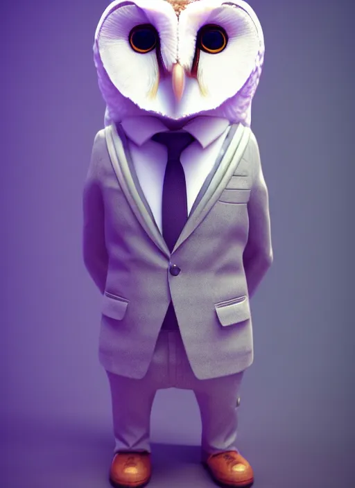 Prompt: cute barn owl in a suit, 8 k, hd, dof, kodak film, volumetric lighting, subsurface scattering, photorealistic, octane render, details