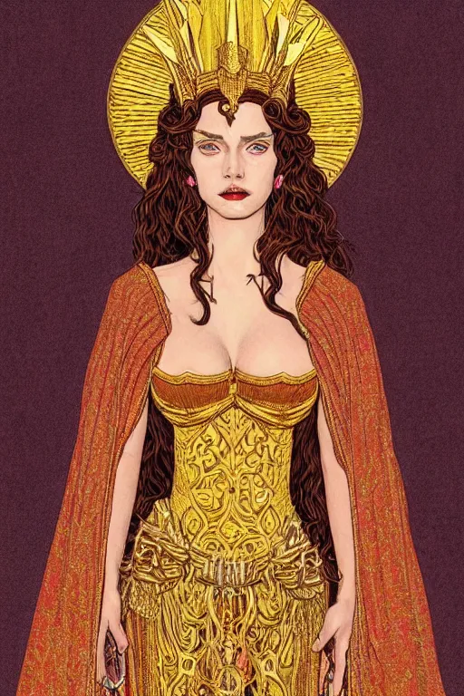 Image similar to Portrait of historically accurate, ancient biblical, sultry, sneering, evil, pagan, wicked, queen jezebel, wearing gilded robes, long hair, intricate, elegant, highly detailed, masterpiece, illustration, art by Jean Giraud, highly detailed, trending on artstation, award winning