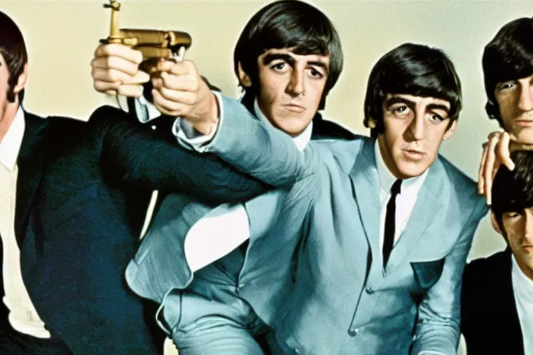 Image similar to james bond and the beatles, color photograph, 1 9 6 0 s