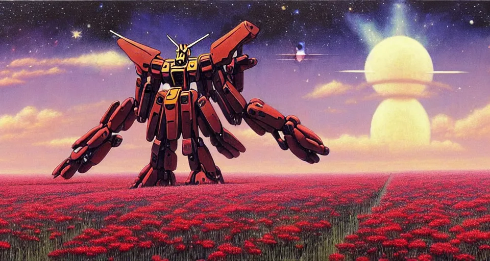 Image similar to a beautiful painting of a large mechanical mecha gundam in a field of flowers by moebius, underneath a star filled night sky, harold newton, zdzislaw beksinski, donato giancola, warm coloured, gigantic pillars and flowers, maschinen krieger, beeple, star trek, star wars, ilm, atmospheric perspective