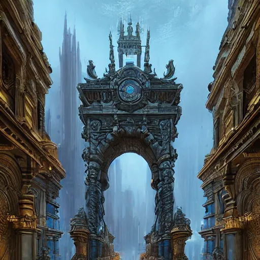 Image similar to carved futuristic gateway at the end of ancient ornate steps with a wide view of city which details the vast architectural scientific and cultural achievements of all humankind, complex composition, molecules, renato muccillo, andreas rocha, jorge jacinto, damian kryzwonos, ede laszlo, artstation, digital art, high contrast, cinematic blue and gold