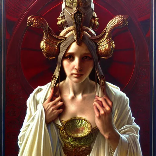 Image similar to portrait painting of robed figure, ultra realistic, concept art, intricate details, ornate, highly detailed, photorealistic, photorealism, octane render. art by wayne barlowe and alphonse mucha and james jean