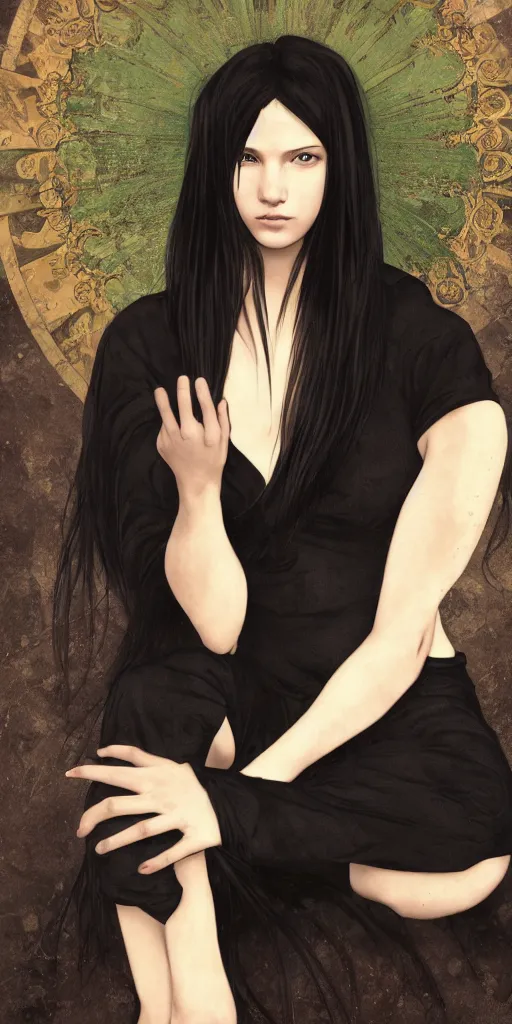 Image similar to photo of lonely young girl with straight long black hair wearing black dress and sitting on bathroom floor, photo made by vanessa beecroft, render by artgem and alphonse mucha for capcom co, resident evil