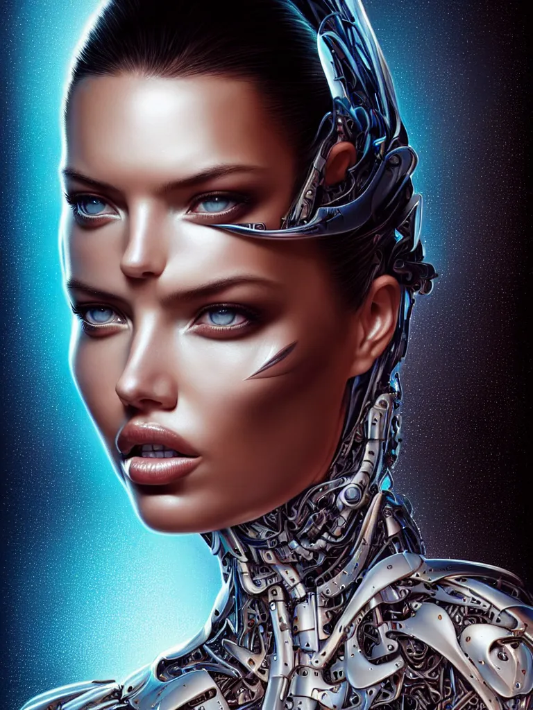Prompt: Portrait face fronting of Adriana Lima wearing epic bionic cyborg implants by Dan Mumford and Naoto Hattori, extremely beautiful and proportionate face, in the aesthetic of mert and marcus, masterpiece, intricate, elegant futuristic wardrobe, highly detailed, digital painting, artstation, concept art, crepuscular rays, smooth, sharp focus, illustration, background is made of stars and vibrant space nebula, neon cyberpunk vibrant colors, volumetric lighting, art by artgerm and james jean and Nick Sullo