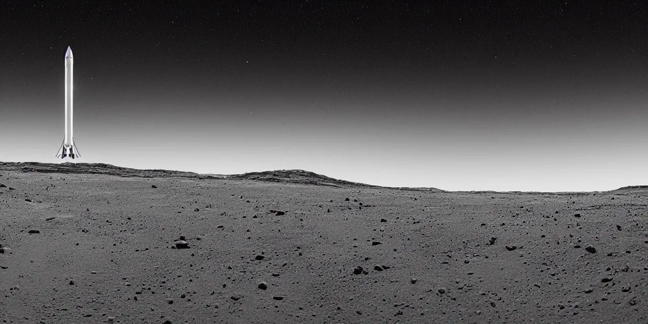 Prompt: 1 7 mm, black and white photo of a rocket landing on mars, black background with stars, cinematic film still, high contrast, astrophotography, 4 k