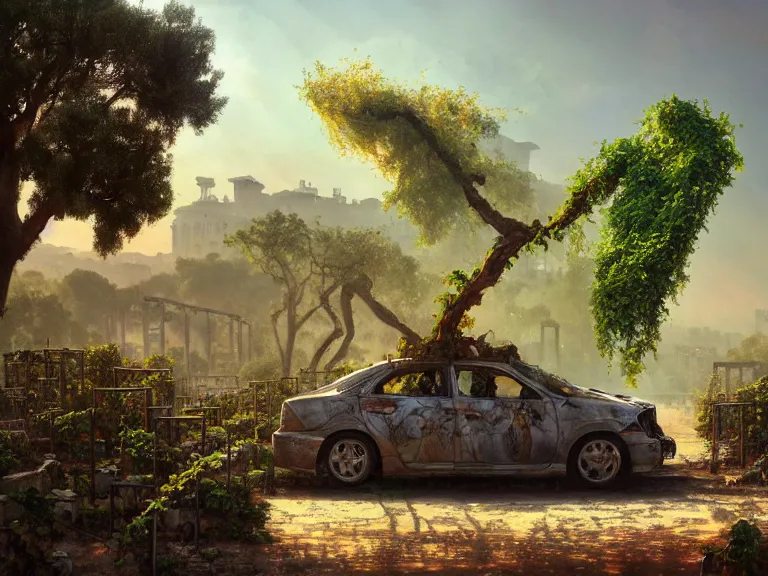 Prompt: a tree growing on a scrap car in ancient greek ruins, gray wasteland, many overgrown scrap cars, pillars and arches, colorful flowers, vines, cinematic, ray of golden sunlight, alphonse mucha, greg rutkowski, trending on artstation, artgerm, breathtaking, smooth, mark arian, award winning