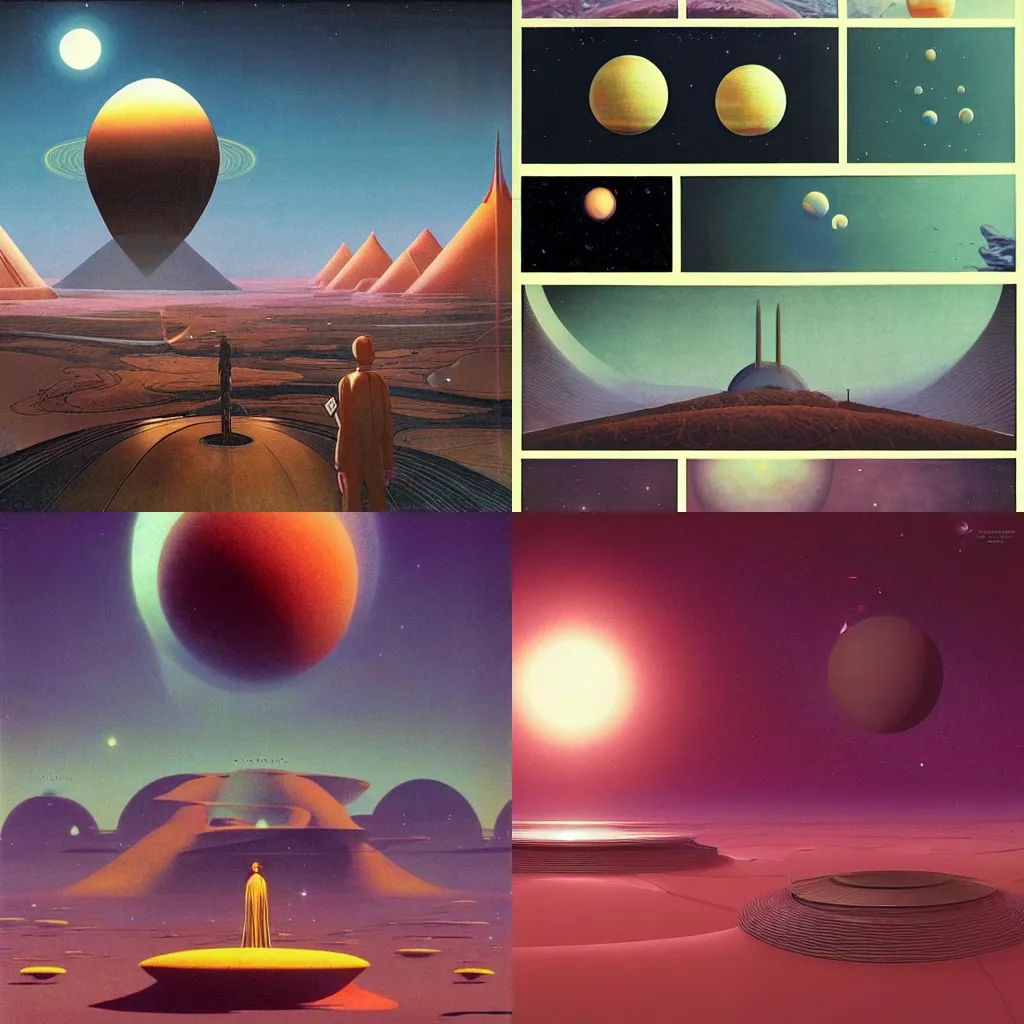 Prompt: beautiful utopia, physics, atmospheric, planets, by moebius, by dan mcpharlin,