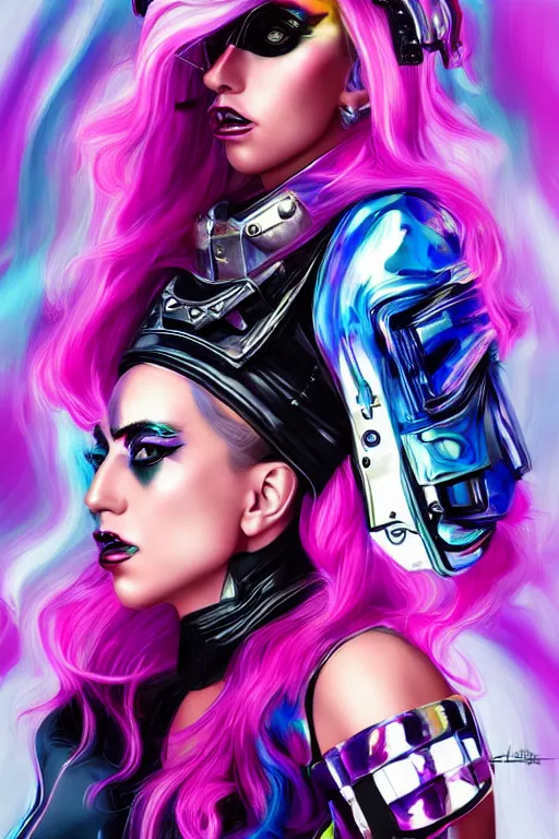 Image similar to beautiful portrait of lady gaga cyberpunk style painted by artgerm and lisa frank, trending on artstation, behance